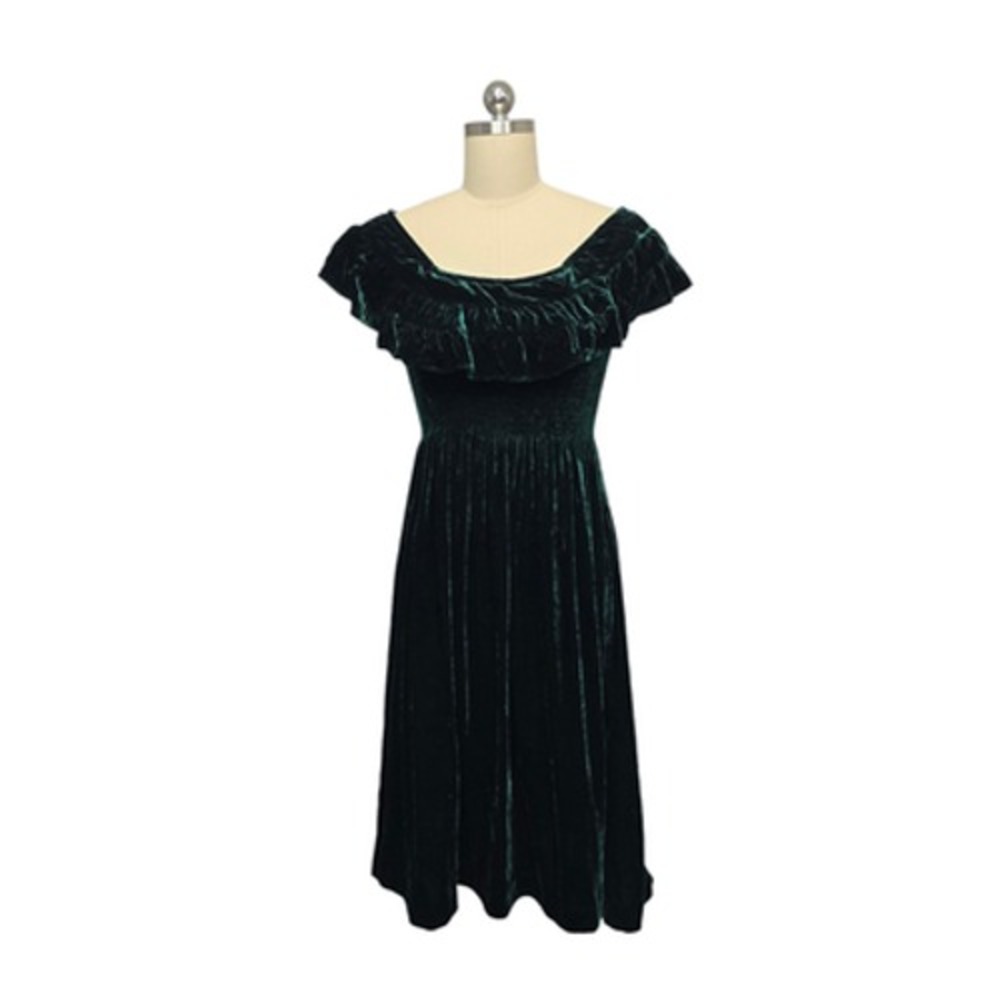 Hill House Home Dress Womens XS Green‎ The Nap Dress Velvet Ruffle Smocked Midi - Picture 2 of 13